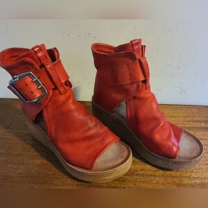 A.S.98 Red Leather Wedge Sandals